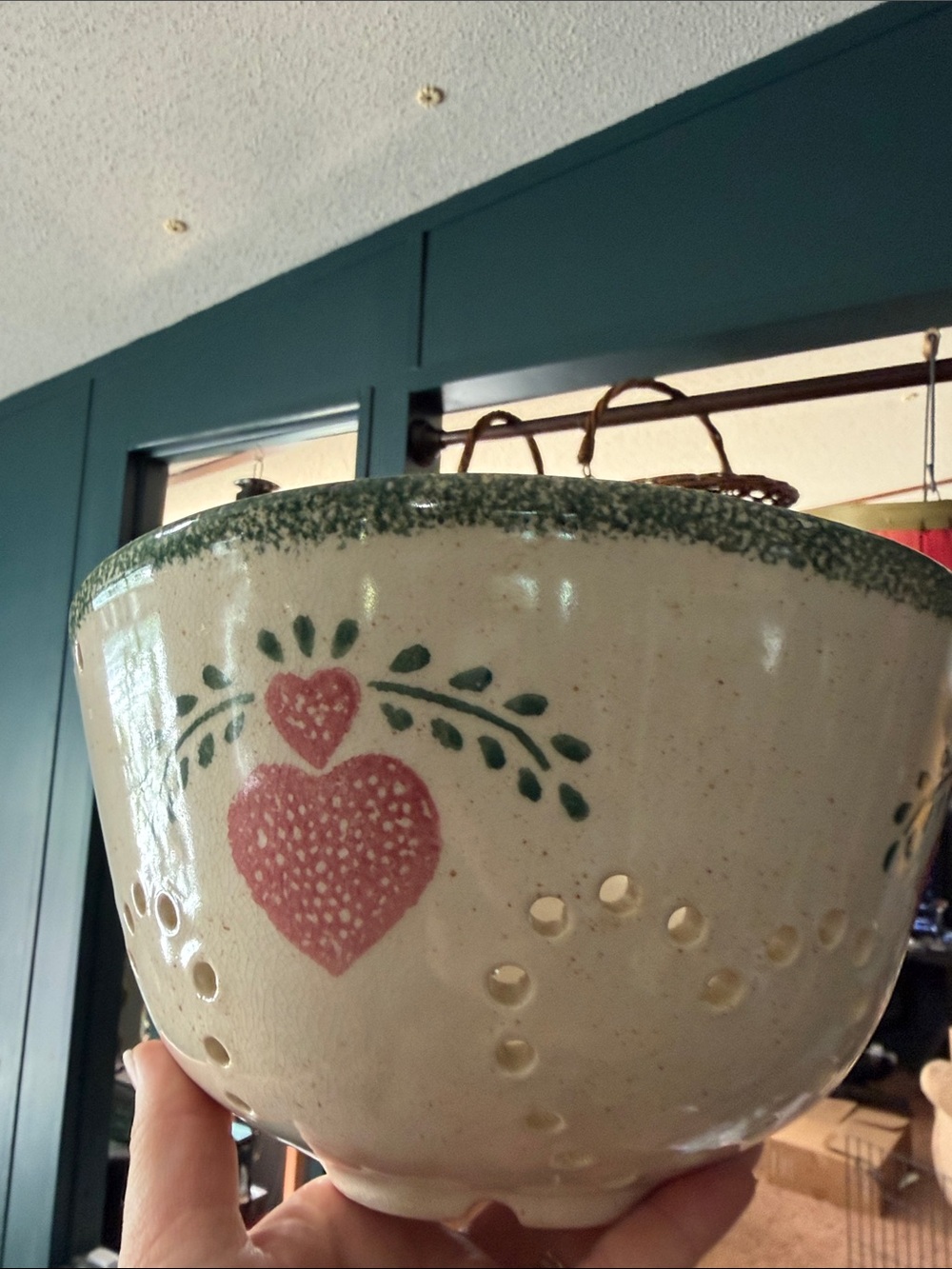 Vintage Hand-Painted Ceramic Berry Bowl with Red Heart Motif